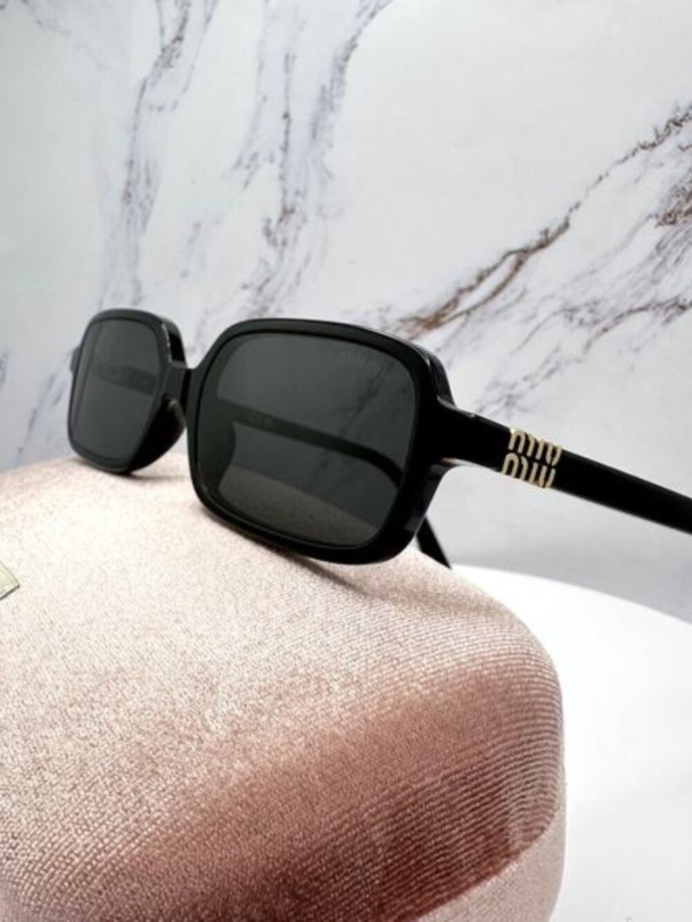 MIU MIU Sunglasses New Black Square Rectangle Acetate Gold Metal Logo Authentic
